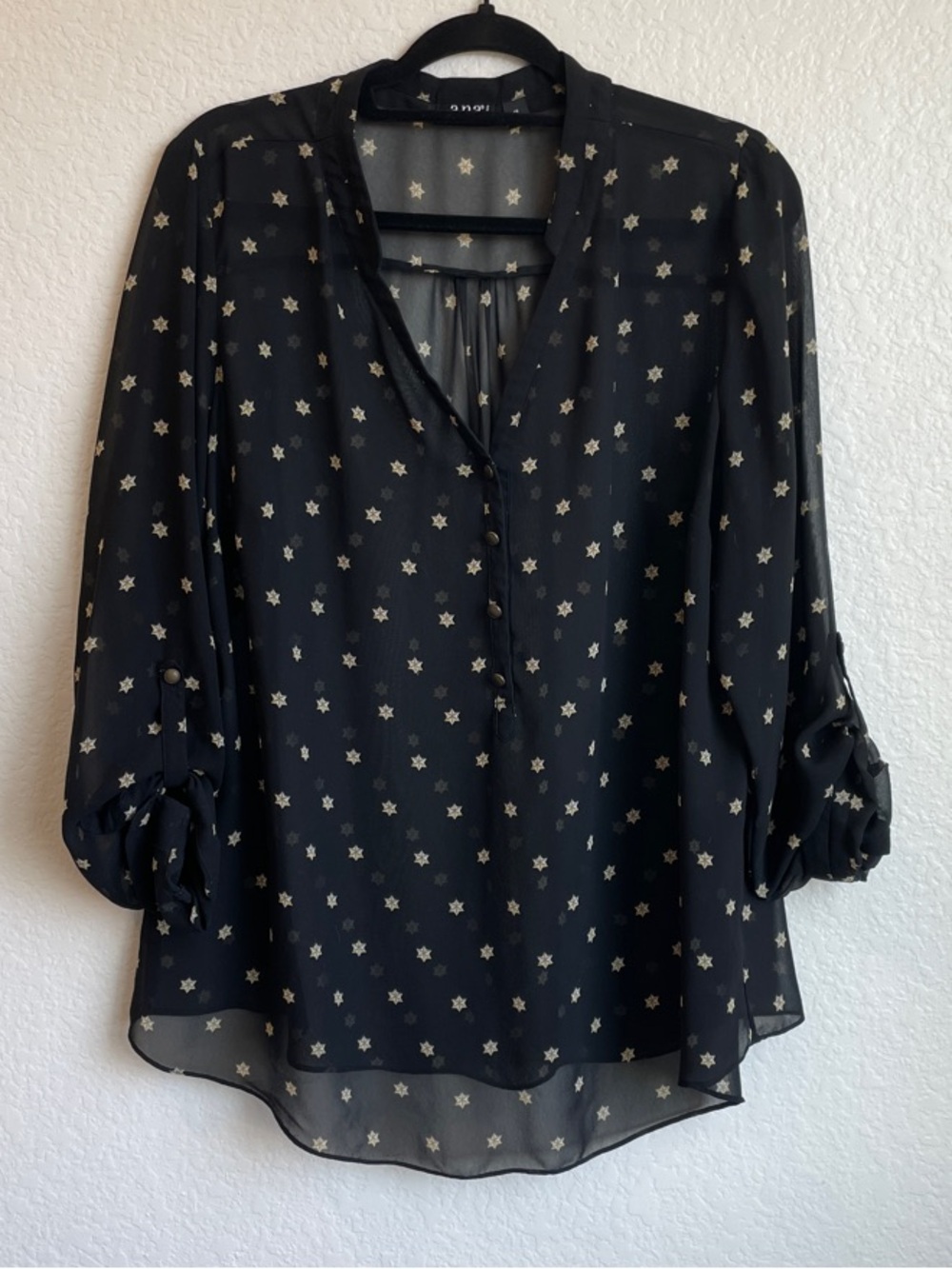 a.n.a Black Sheer Star-Print V-Neck Blouse • 1X